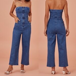 Finders Keepers Lola Zip Strapless Jumpsuit Wide Leg Stretch Denim Boho 70s 4